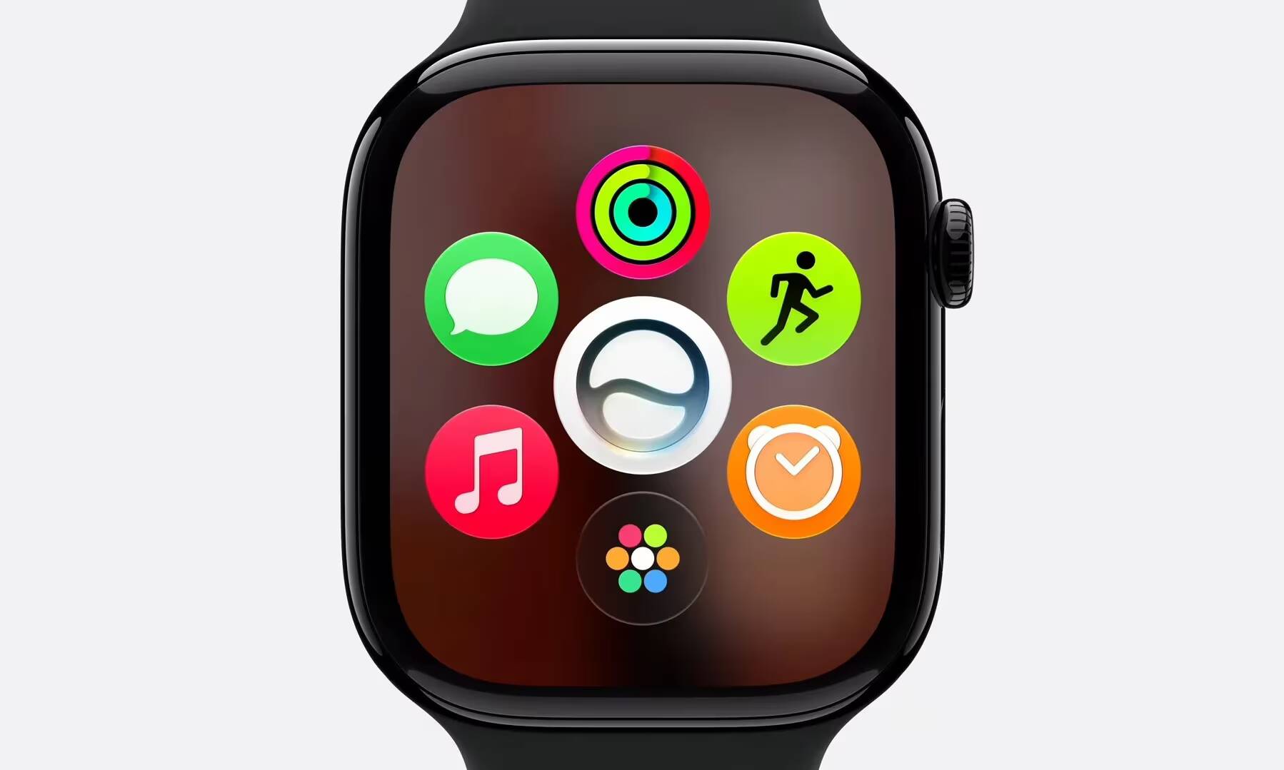 Экран Apple Watch с круглыми иконками интерфейса яблоко watchOS 27