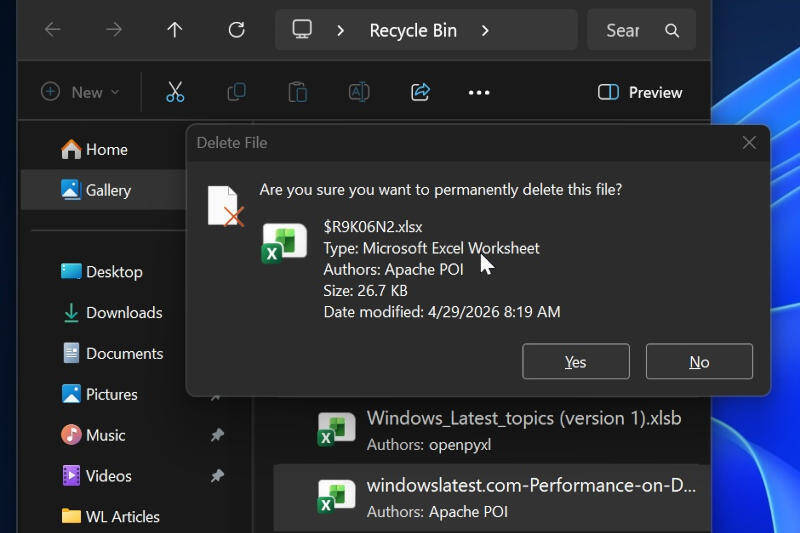 Диалог подтверждения удаления файла Excel Windows 11