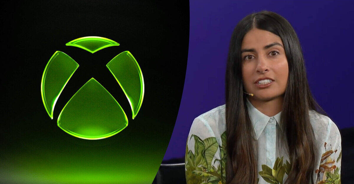Логотип Xbox и женщина с микрофоном во время презентации