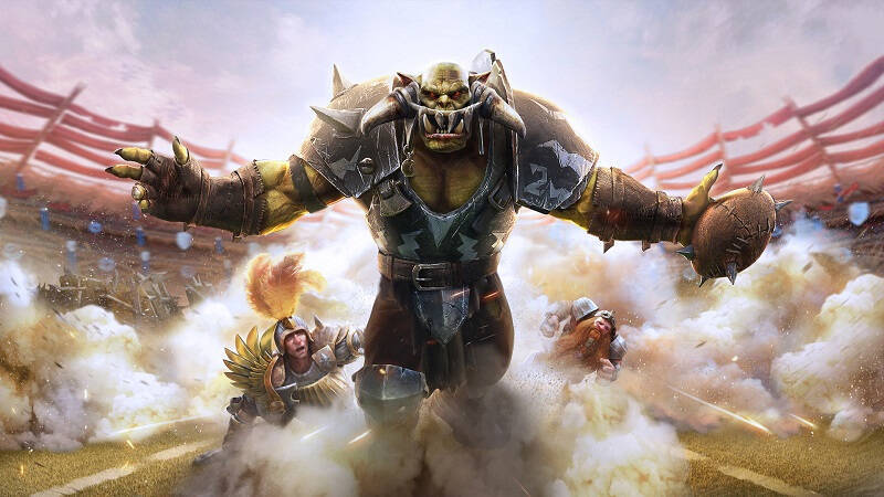 Группа орков в арене Blood Bowl играют с мячом на поле