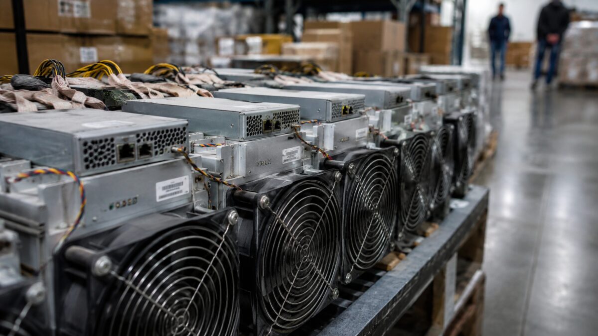Майнинг оборудование Bitcoin Miner BitRiver в складском помещении
