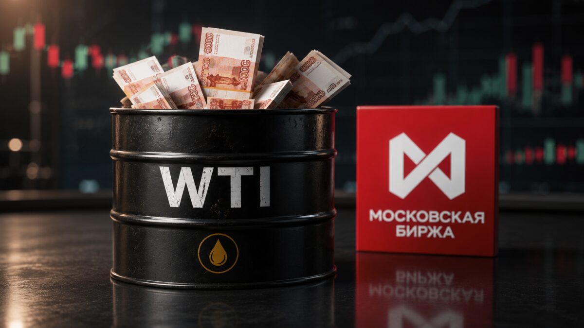 баррели нефти и логотип Мосбиржи фьючерс на нефть WTI
