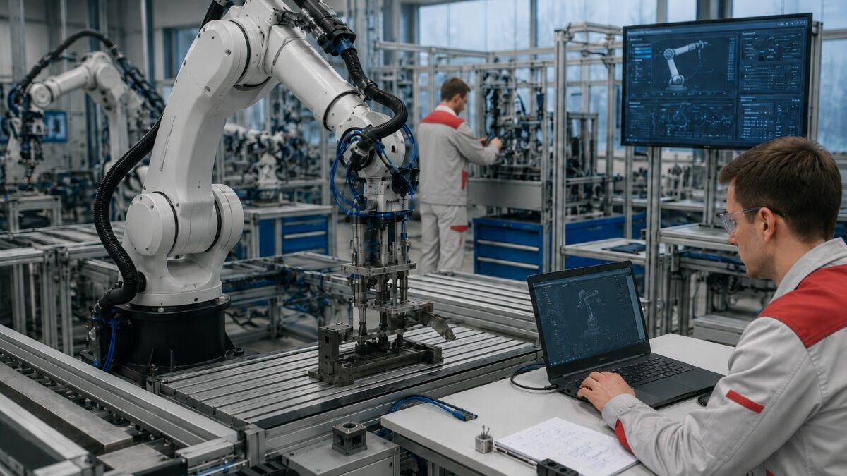 20 центров роботизации появятся в России к концу 2026 года 1 роботизированная рука и работники в цехе,