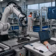 роботизированная рука и работники в цехе,