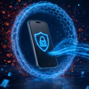 Смартфон с замком данных и голубыми линиями защиты