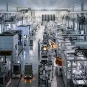 Заснеженная промышленная секция с роботами и оборудованием SK hynix