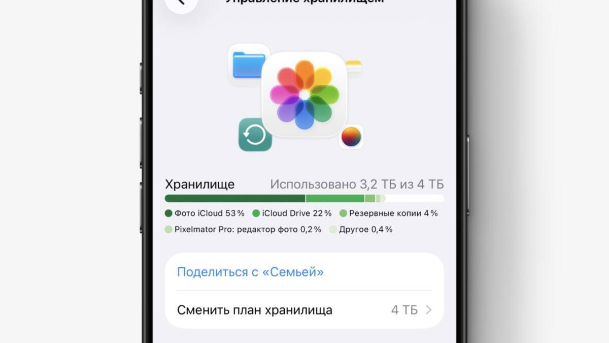 Экран iPhone отображает управление хранилищем iCloud