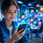 Девушка пользуется смартфоном с активными иконками приложений