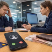 Мужчина и женщина в офисе, разговор, смартфон звонит, банк и возврат на столе