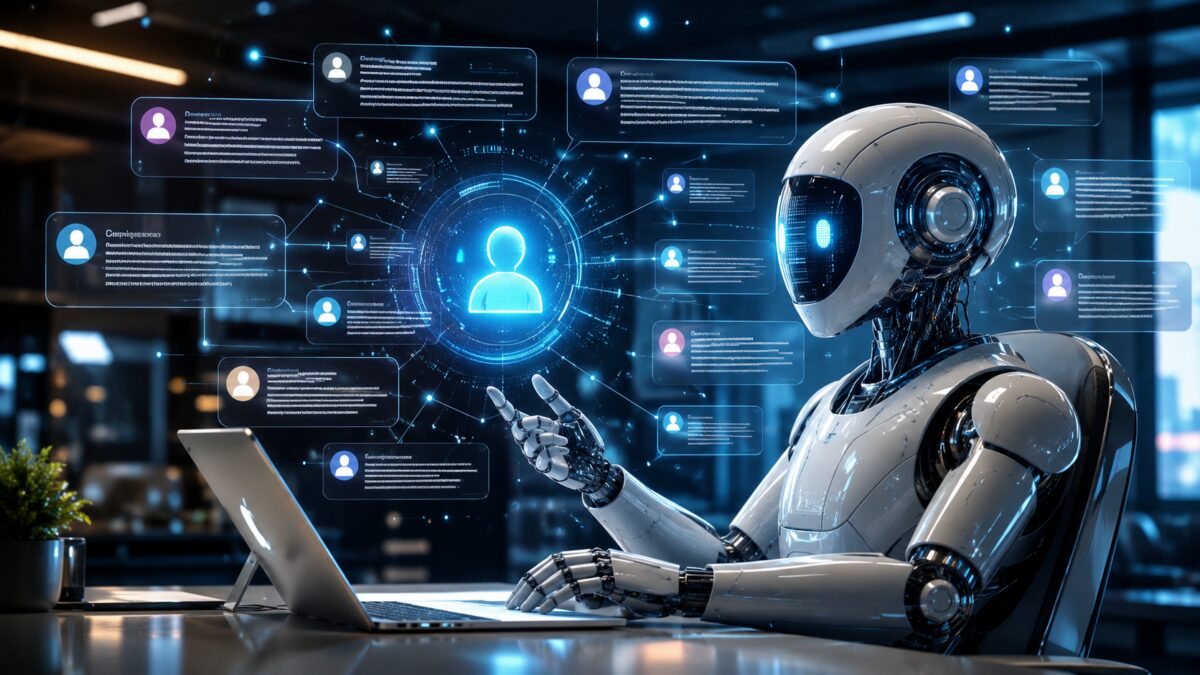 Робот с экраном взаимодействует с пользователем в офисе Яндекса с AI Алиса
