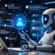 Робот с экраном взаимодействует с пользователем в офисе Яндекса с AI Алиса