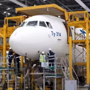 Авиационный Ту-214 в сборочном цехе каз