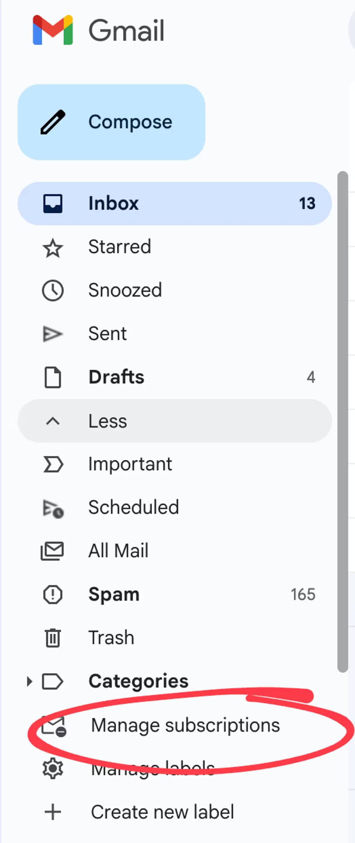 Меню Gmail с разделом Управление подписками, выделенным красным