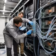 люди работают в серверной с оборудованием для охлаждения Data Center