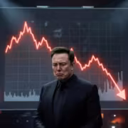 Человек в черном костюме стоит перед графиком падения акций SpaceX