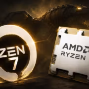 Процессор AMD Ryzen и логотип AMD на фоне большого дракона