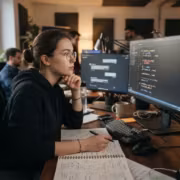 женщина за компьютером в офисе с двумя мониторами чистая рабочая атмосфера