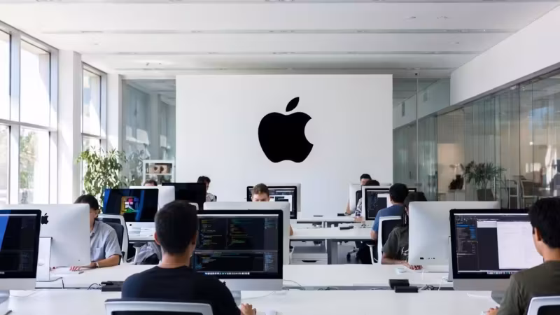 Рабочие места в офисе Apple с компьютерами iMac официальный логотип