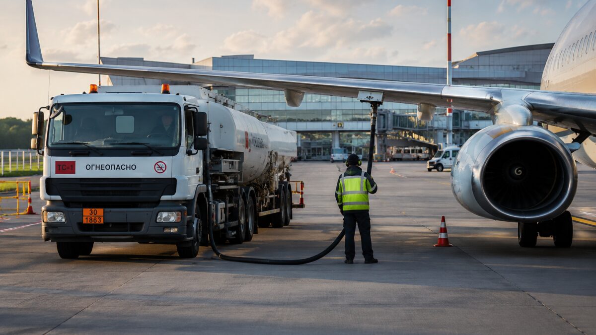 Автомобиль для перевозки авиационного керосина у терминала