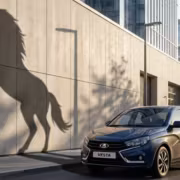 Тень лошади и кареты от Lada Vesta на стене