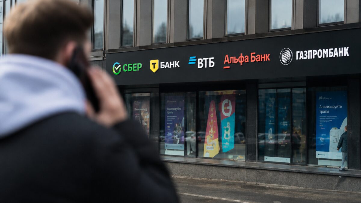 Банки превращают сим-карту в способ удержать клиента и заработать на данных 4 человек разговаривает по телефону перед банкоматом с логотипами банков