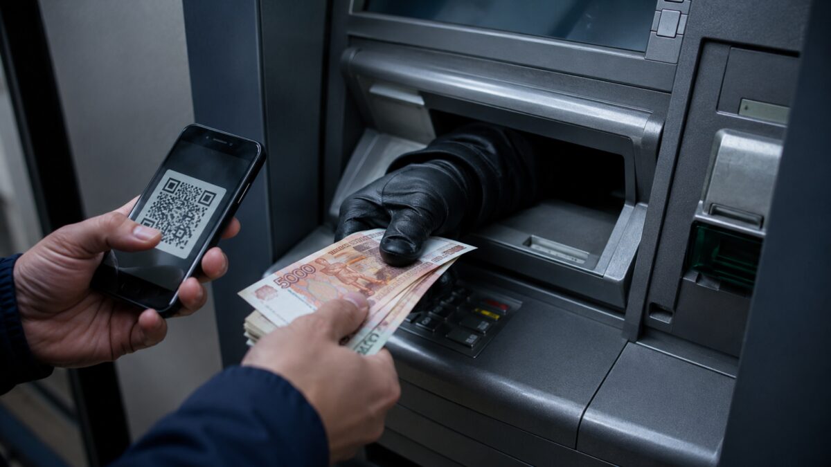 Банкомат и смартфон с QR-кодом для перевода наличных