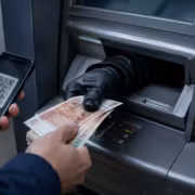 Банкомат и смартфон с QR-кодом для перевода наличных