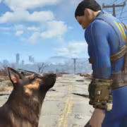 Персонаж из Fallout 4 и собака в пустоши