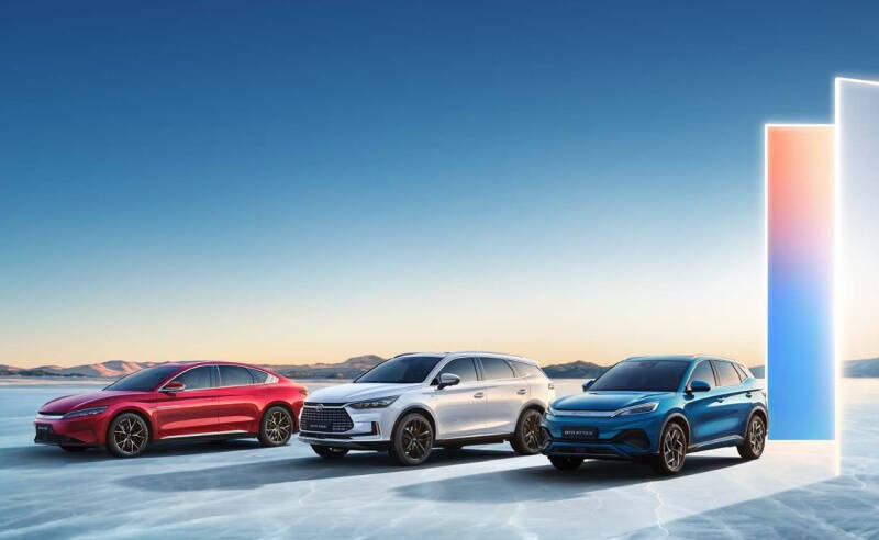 BYD может вернуть лидерство по продажам электромобилей 3 Три электромобиля BYD на пустынной равнине