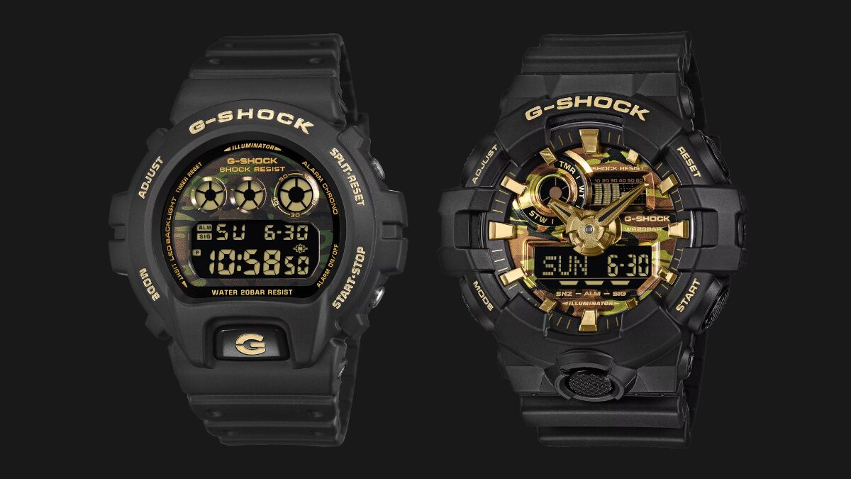 Два наручных часов G-Shock с золотым циферблатом и черным корпусом