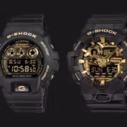 Два наручных часов G-Shock с золотым циферблатом и черным корпусом
