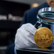 Лупа проверяет золотую ЦФА монету на столе ЦБ