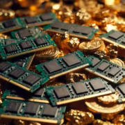 Оперативная память DDR4 на золотом фоне памяти