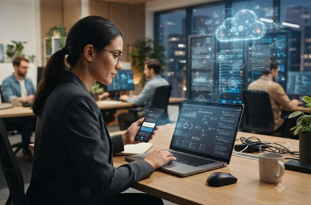 Женщина использует ноутбук и телефон в офисе с hologramma ChatGPT Work