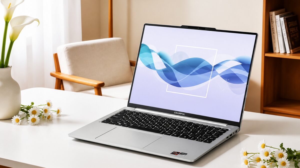 Ноутбук Rimbook L1 Plus на белом столе рядом с цветами