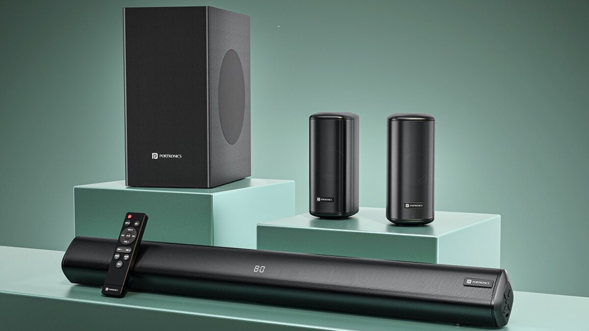 домашний кинотеатр Portronics CineArc 5.1, компоненты, динамики, пульт дистанционного управления