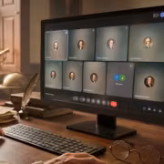 монитор с видеоконференцией Google Meet, участники, профили, кнопки управления