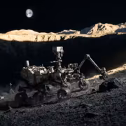 Робот ESA на Луне в кратере и Земля на небе