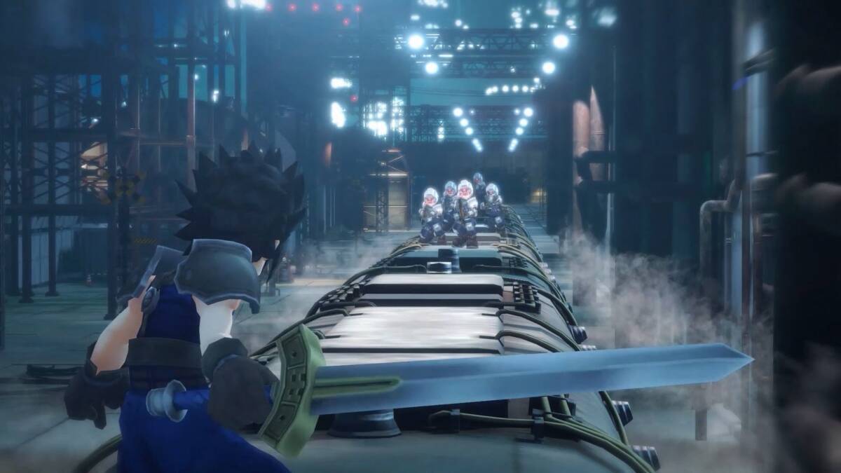 персонаж с мечом смотрит на группу роботов Final Fantasy VII Ever Crisis