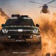 Внедорожник Geely Galaxy Battleship 700 движется по песку