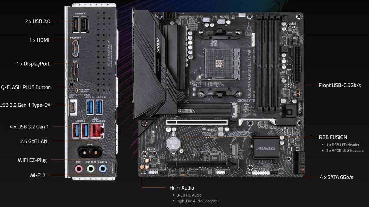 Материнская плата GIGABYTE B550M X Aorus Elite WIFI7 с разъёмами