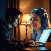 Мужчина и женщина с ноутбуком и наушниками GigaChat Audio