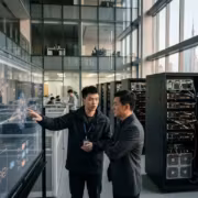 Работает два мужчины у серверов MiniMax в серверной