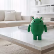 Зеленый анимационный робот в виде Android на столе