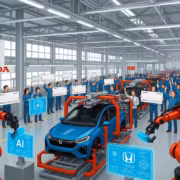 Рабочие на сборочной линии Honda с роботами ИИ