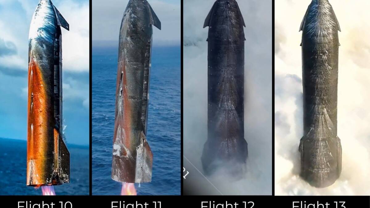 Четыре ракетных корабля Starship с разными тепловыми защитами