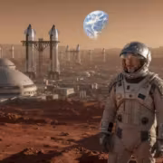 Илон Маск: SpaceX может стоить дороже всей Земли при успехе Starship 5 астронавт в скафандре на Марсе на фоне космической базы и Земли