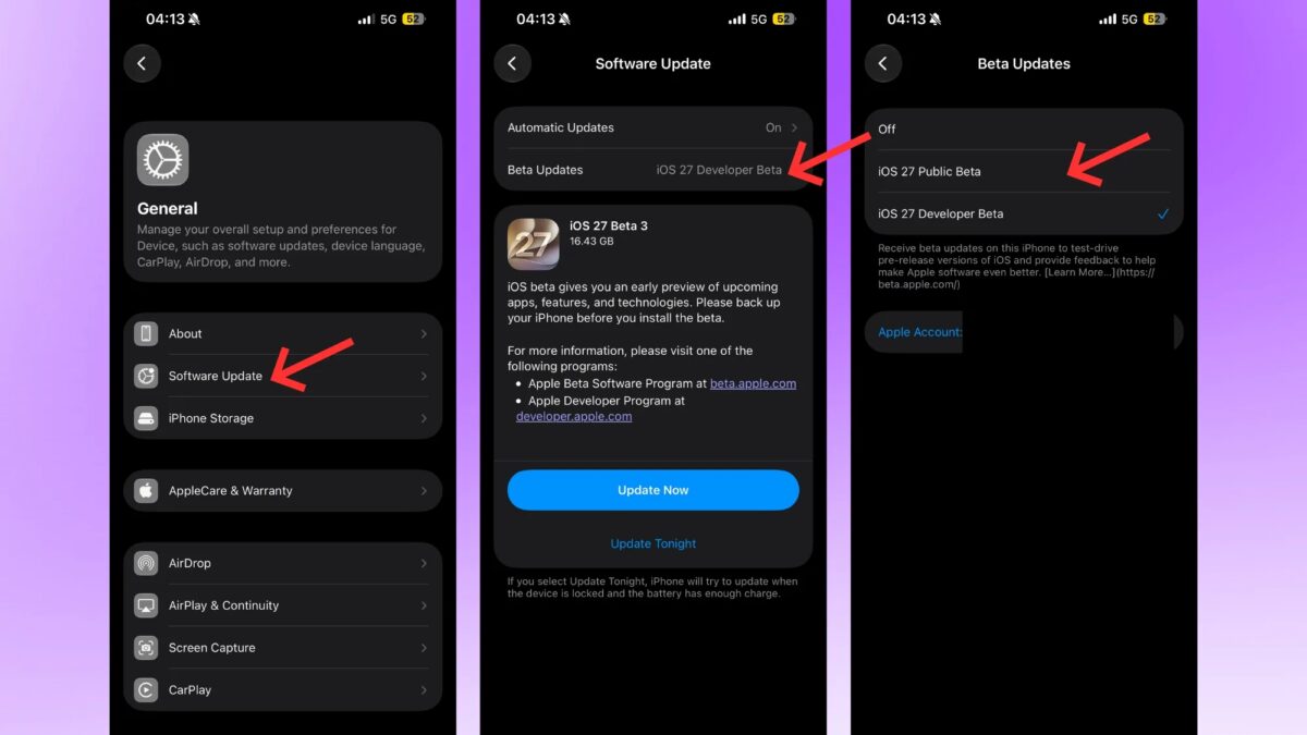 Как установить публичные бета-версии iOS 27 и macOS 27 на ваши устройства 6 Настройки обновления программного обеспечения iOS 27 бета