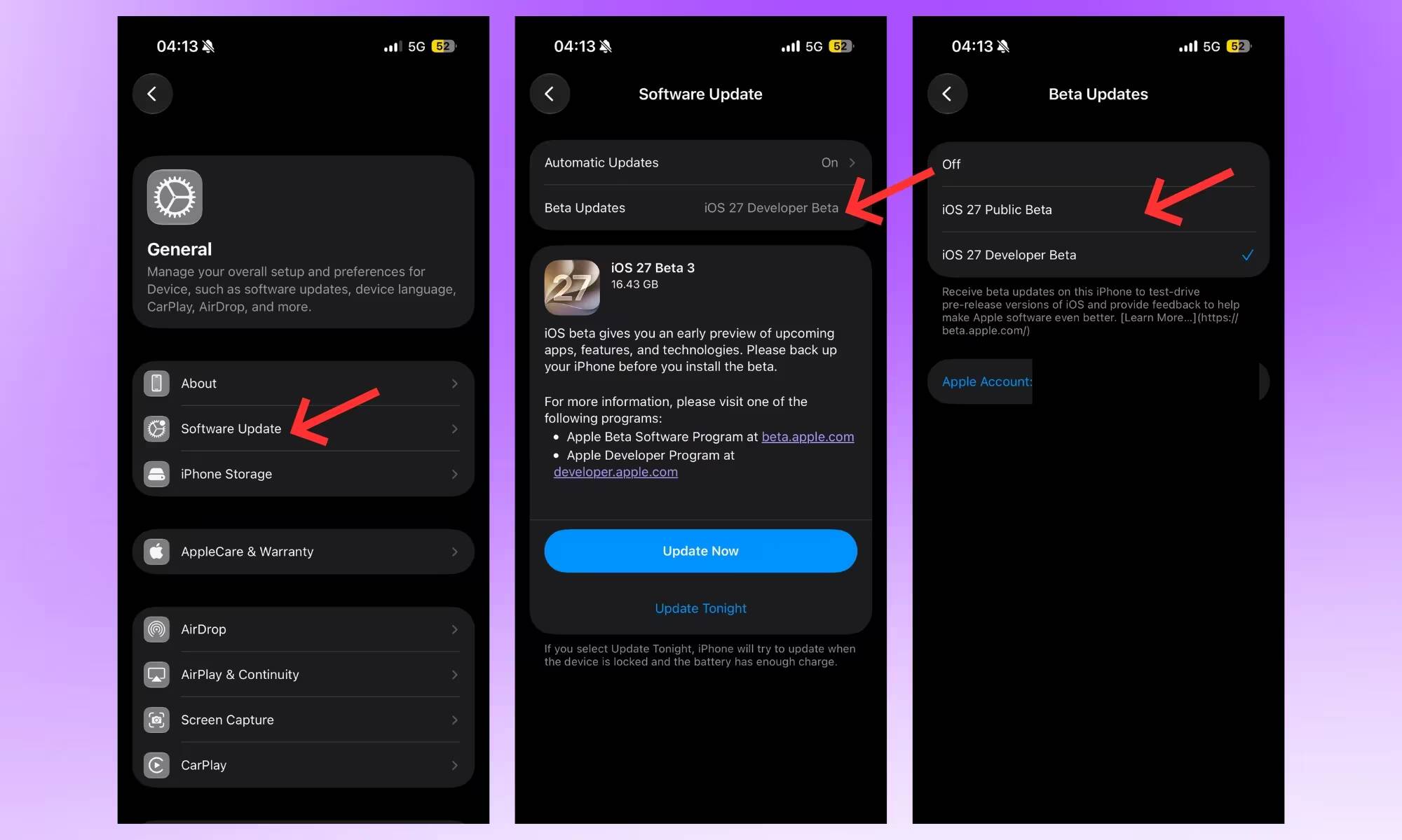Настройки обновления программного обеспечения iOS 27 бета