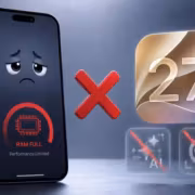 Смартфон iPhone 15 с сообщением о RAM RAM FULL